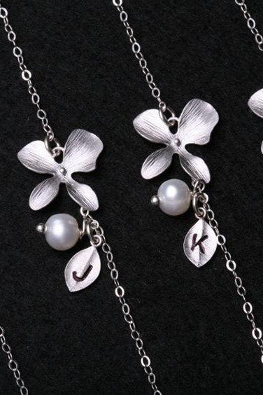 Bridesmaid Gifts,Set of 4,Orchid flower and leaf initial sterling silver bracelet,Flower jewelry,Flower girl,Wire wrapped pearl,Adjustable