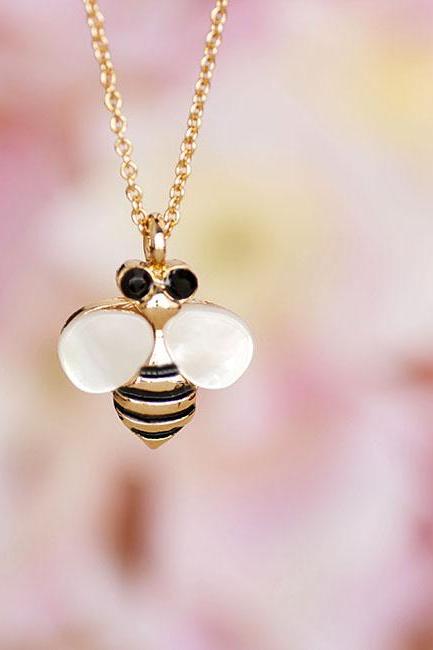 Gold Bee Necklace, Tiny Honey Bee With Mother-of-pearl (mop) Wings