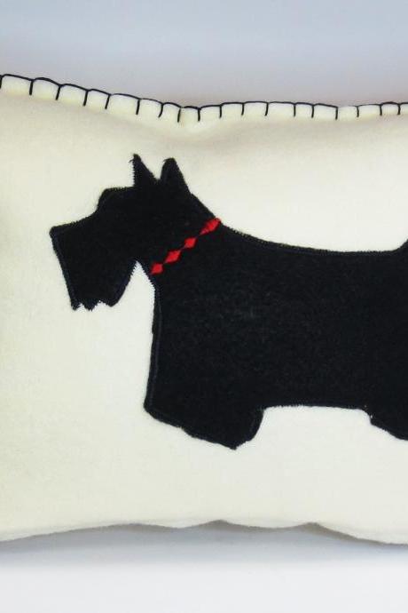 Ivory Felt Silhouette Scottie Scottish Terrier Pillow With Red Accents