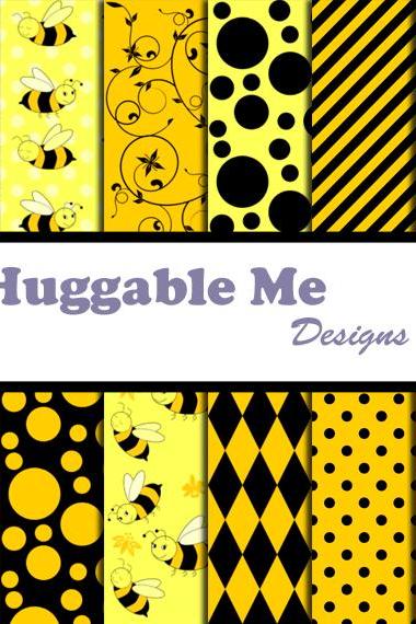 Bumble Bee Paper - Yellow &amp;amp; Black Chevron, Gingham, Busy Bee Themed Patterns For Scrapbook, Card 12x12 - Hmd00075