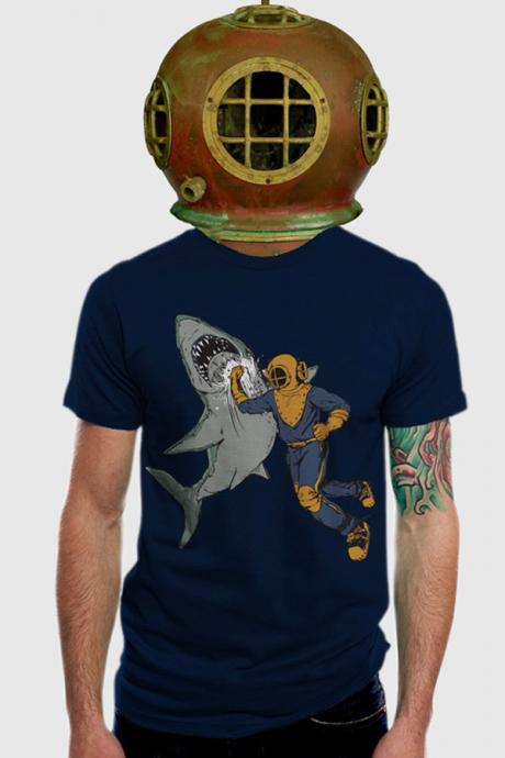 Shark Shirt, shark tee, shark t-shirt, Diver punching Shark, Available S M L XL 2XL