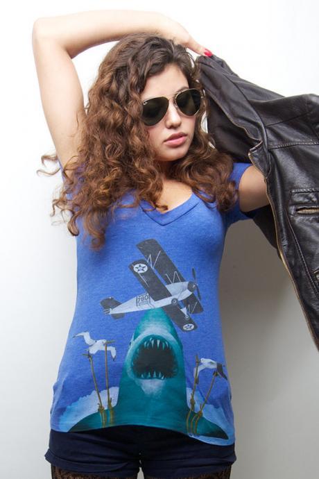 Womens Shark Tee Shirt Jaws Eating Airplane Royal Blue Available S M L XL 2XL