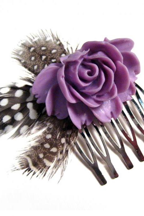 Romantic And Rosy - Lovely Lilac Hair Flower Feather Comb