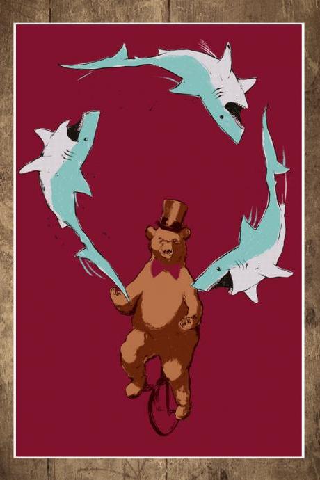 Jaws & Paws, Shark print, Bear Poster, circus, top hat, unicycle, juggling, art print, 18 x 24