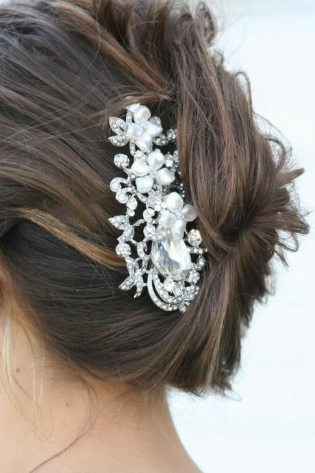 Triple Flower Swarovski Crystal And Pearl Hair Comb