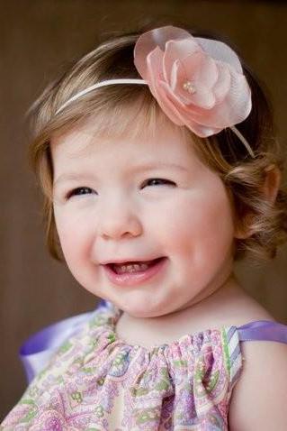 Petite Rose Pink Organza Flower Headband For Girls With Tiny Pearl Center On Thin Elastic Headband Newborn Baby Infant Toddler Adult