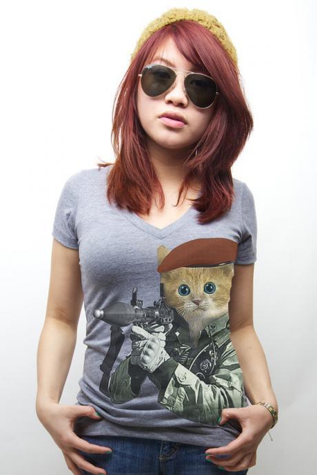 G.I. Kitty Cat t-shirt Heathered Grey S M L XL 2XL