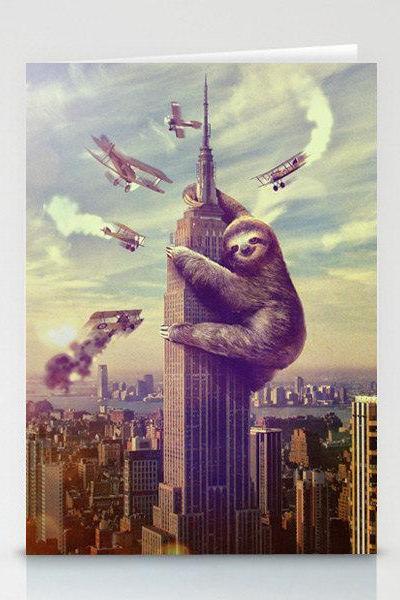 Slothzilla 3 Pack, Stationary Cards, Folded Cards, Blank Cards, Greeting Cards, Matching Envelopes Included