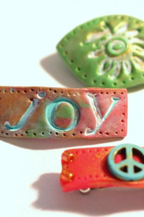 Hair Accessories, Hippy Style Bitsy Barrettes, 3 Polymer Clay Barrettes, Sun-Kissed, Peace Sign, Boho Barrettes