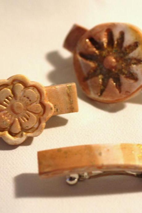 Womens Hair Clips, Bitsy Barrettes, 3 Polymer Clay Barrettes, Sun-Kissed with Shimmery Gold Wash, Beach colors