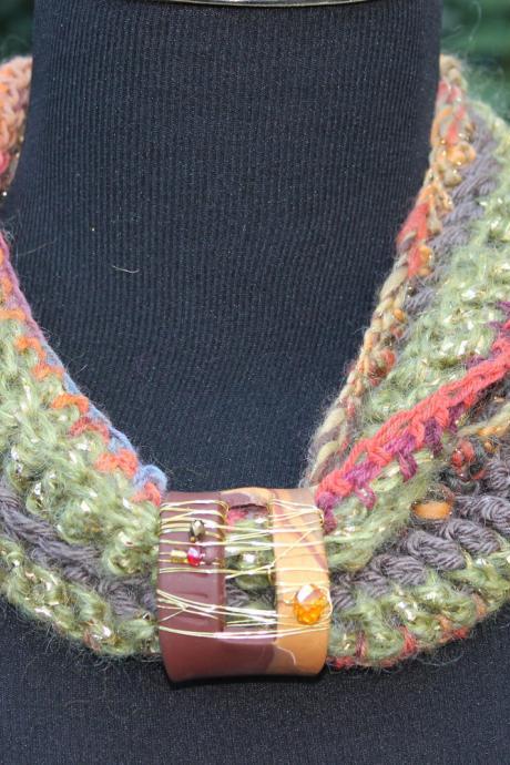 Infinity Neck Wrap, Scarf, Scarflette, Cowl Neck, Crochet with Jewelry Clasp, Wire Wrapping, Beads and Polymer Clay