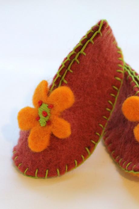 Wool Felt Baby Booties, Flower Booties With Matching Beanie, Hand Sewn Baby Booties