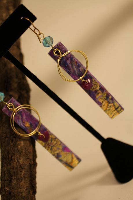 Purple Marble, Gold Embossed, Amethyst And Crystal Earring, Brass Wire Wrap