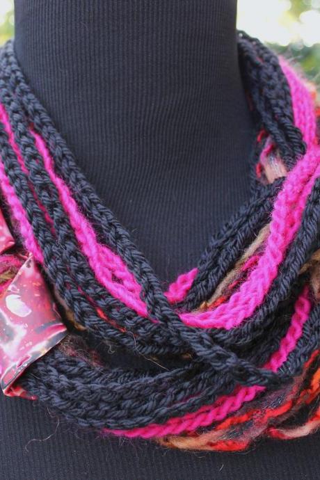 Fuschia Jet - Twisted Scarf with Marbled Clay Gold Embossed Clasp, 54', 24' or 18' Neck Wrap
