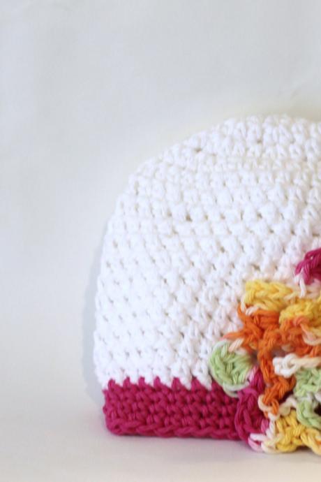 Childs Baby Beanie, Rainbow Flower Baby Beanie, Cotton, Cool White With Brights For Summer Baby At The Beach