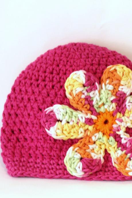 Childs Hat, Girls Hat, Flower Power Baby Beanie, 100% Cotton Hand Crochet Indie Made Hot Pink, Rainbow Hippie Chick Cloche