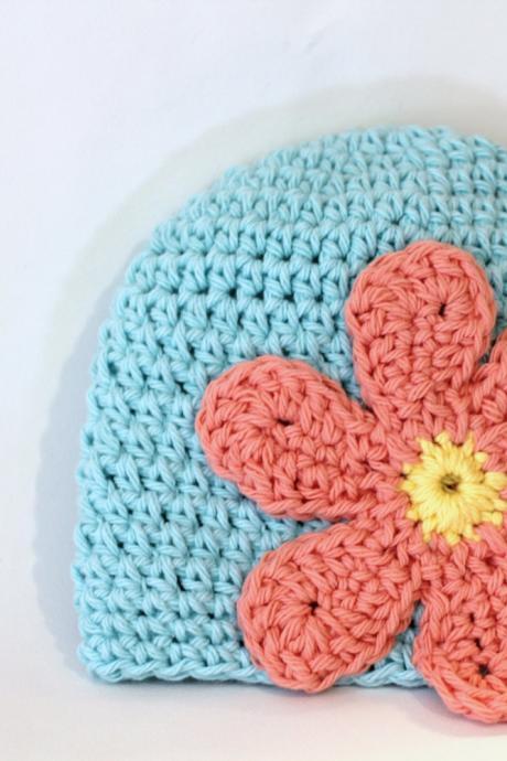 Flower Power Baby Beanie, 100% Cotton Hand Crochet Indie Made Aqua, Peach Hippie Chick Cloche