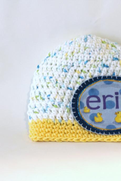 Boys Personalized Baby Beanie, Cotton Hand Crochet with Baby Duck Name Patch