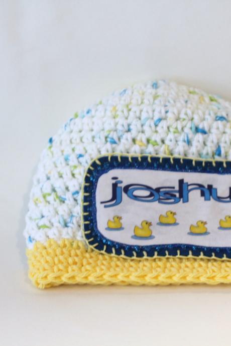 Personalized Baby Beanie, 100% Cotton Hand Crochet With Baby Ducks Name Patch