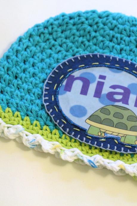 Baby Beanie, Personalized Baby Hat, Baby Gift, Turquoise Summer Baby turtle Personalized Baby Beanie, 100% Cotton Hand Crochet with Your Name