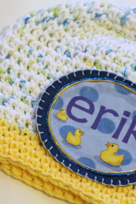 Baby Beanie, Personalized Baby Hat, Baby Gift, Baby Ducks Personalized Baby Beanie, 100% Cotton Hand Crochet Indie Made White, Yellow