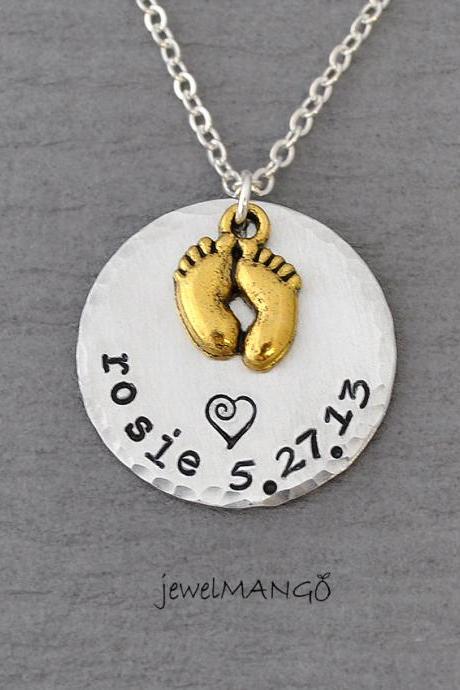 Keepsake baby name birth necklace hand stamped baby necklace, mommy necklaces, mother keepsake, Perfect for new mom, golden baby feet, heart