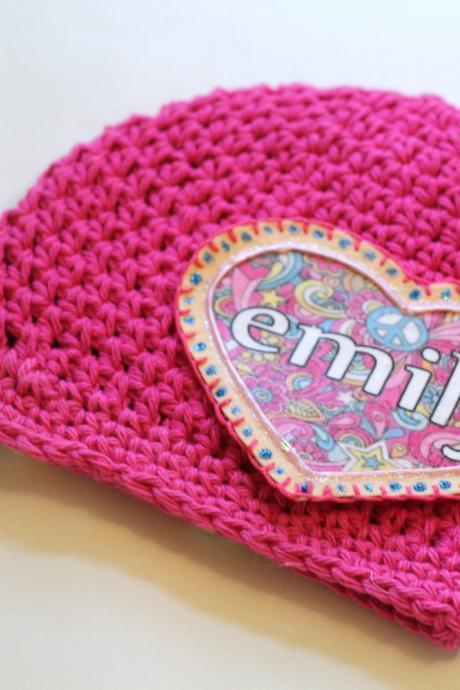 Baby Beanie, Personalized Baby Hat, Shabby Chic Flower Heart Applique, Personalized Baby Beanie, 100% Cotton Hand Crochet Indie Made Hot Pink