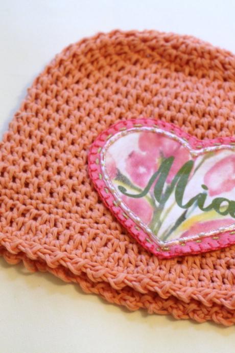 Baby Beanie, Organic Cotton baby hat, toddler hat, Shabby Chic Flower Heart Applique Patch, Personalized Baby Beanie, 100% Organic Cotton Hand Crochet Indie Made Peach Lace