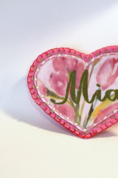Pink Shabby Chic Girly Heart Patch, Personalized Hand Embroidered, Painted Decorative Accessory For Jeans, T Shirts, Bags