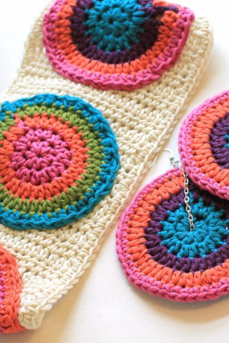 Celebrity Gift, Mandala Headband, Festival Style Hand Crochet Boho Headband, Rainbow Colors Of Cotton Bamboo
