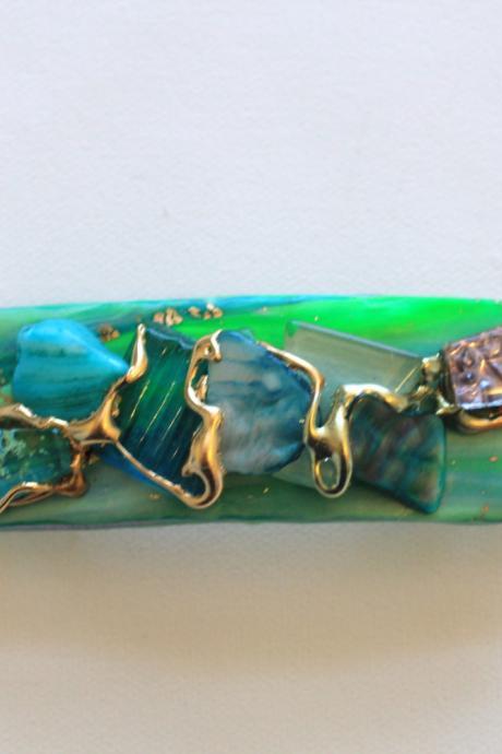 Barrette, Hair clip, Mint Green, Turquoise Shell, Gold, Stone Hairclip, Spring fashion, Green and Blue