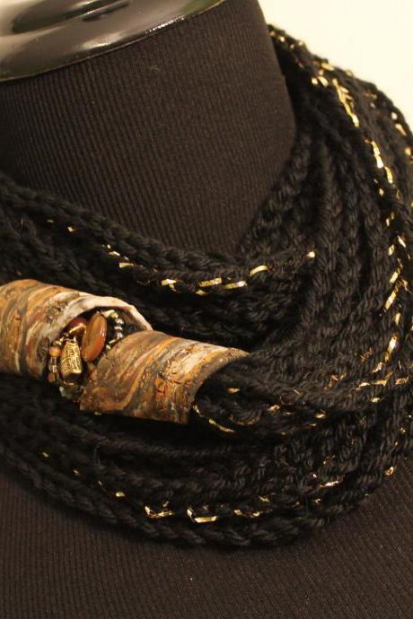 Black Gold - Womens Twisted Scarf, Marbled Clay Gold Embossed Clasp, 54', 24' or 18' Neck Wrap