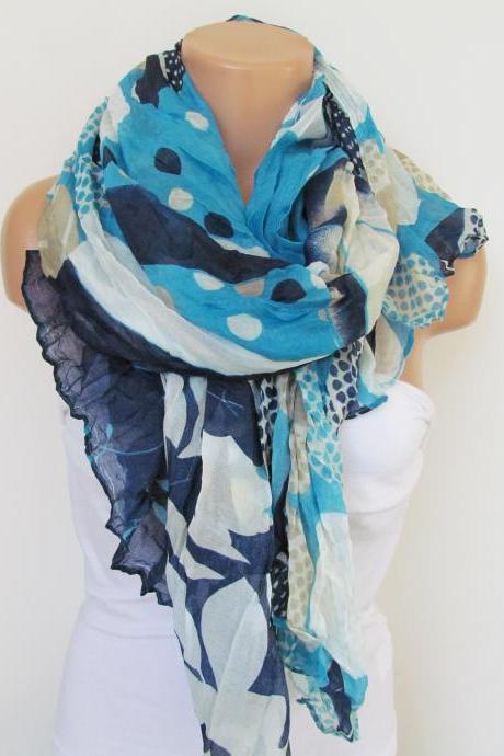 Navy Blue And Cream Floral Polka-dot Pattern Scarf Spring Summer Scarf Infinity Scarf Women&amp;amp;#039;s Fashion Accessories Trend Holidays