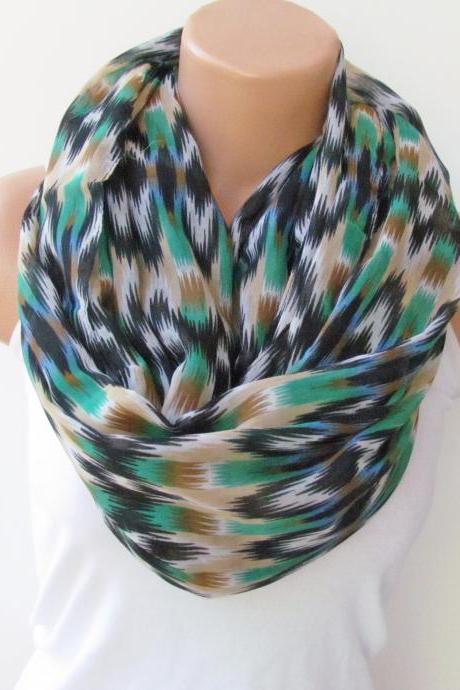 Infinity Scarf Circle Scarf Loop Scarf Tube Scarf Indian Pattern Blue Green and Black