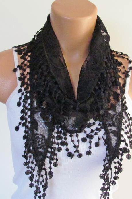 Black Lace Scarf With Fringe New Season Scarf-Headband-Necklace- Infinity Scarf- Accessory-Long Scarf-Fall Fashion