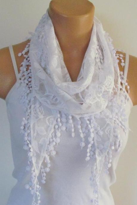 White Lace Scarf With Fringe New Season Scarf-Headband-Necklace- Infinity Scarf- Accessory-Long Scarf-Fall Fashion