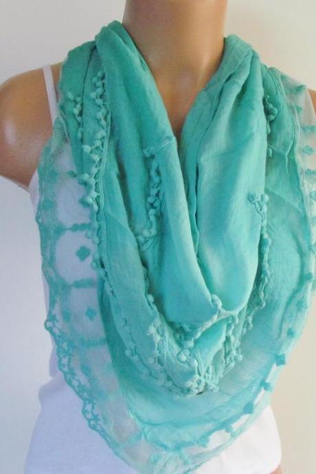Mint Triangle Scarf With Lace-shawl Scarf-cotton Scarf- Season -fall Fashion-pashmina Scarf- Neckwarmer- Infinity Scarf