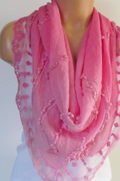 Pink Triangle Scarf With Lace-shawl Scarf-cotton Scarf- Season -fall Fashion-pashmina Scarf- Neckwarmer- Infinity Scarf