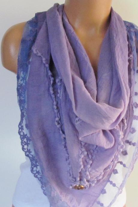 Lilac Triangle Scarf With Lace-Shawl Scarf-Cotton Scarf-New Season -Fall Fashion-Pashmina Scarf- Neckwarmer- Infinity Scarf