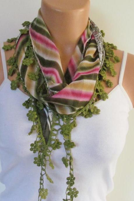 Multicolor Long Scarf With Fringe-New Season Scarf-Headband-Necklace- Infinity Scarf- Spring Accessory-New Season-Gift-Green Scarf