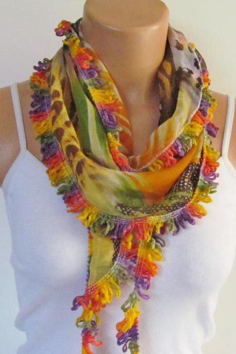 Multicolor Long Scarf With Fringe- Season Scarf-headband-necklace- Infinity Scarf- Spring Accessory- Season-gift-