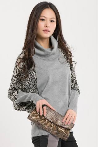 Fashion Women Leopard Bat Sweater Bottoming Shirt Long Sleeve Shirt（lapel）