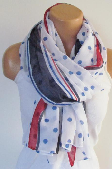 Polka Dot Scarf-beach Pareo-infinity Scarf- Beach Sarong-long Scarf- Season-oversize White Navy Blue Red Scarf