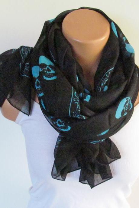 Skull Scarf-beach Pareo-infinity Scarf- Beach Sarong-long Scarf- Season-oversize Turquoise Black Scarf
