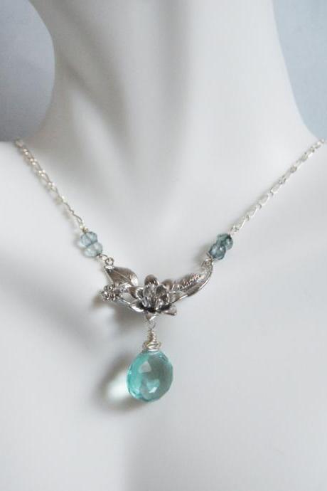Sage Green Quartz and Mystic teal blue quartz flower pendant Necklace