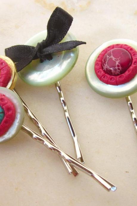 Vintage Buttons And Stones Bobby Pins - Set Of Four