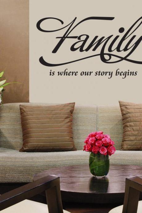wall décor vinyl lettering decal love quote FAMILY is where our story begins