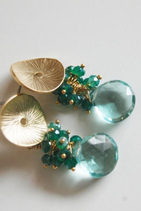 Sage Green Quartz and Mystic teal blue quartz dangle earrings