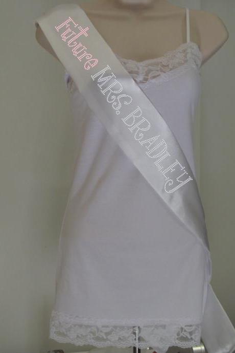 Custom Future Mrs. 2 Rhinestone Bachelorette Sash - White with Light Rose and Crystal Rhinestones