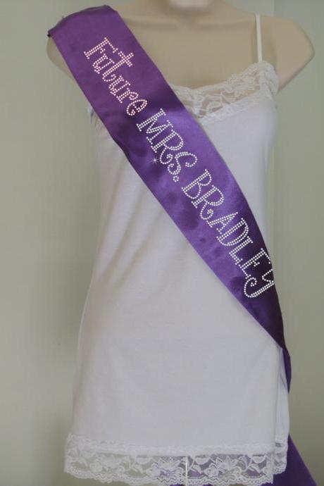Custom Future Mrs. 2 Rhinestone Bachelorette Sash - Purple with Light Rose and Crystal Rhinestones